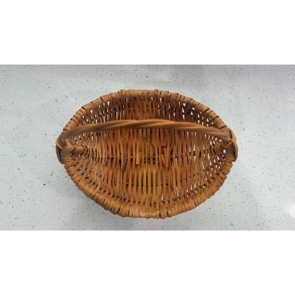 Vintage Handmade Woven Splint Basket Oval 10x8 Fixed Handle Primitive Farmhouse